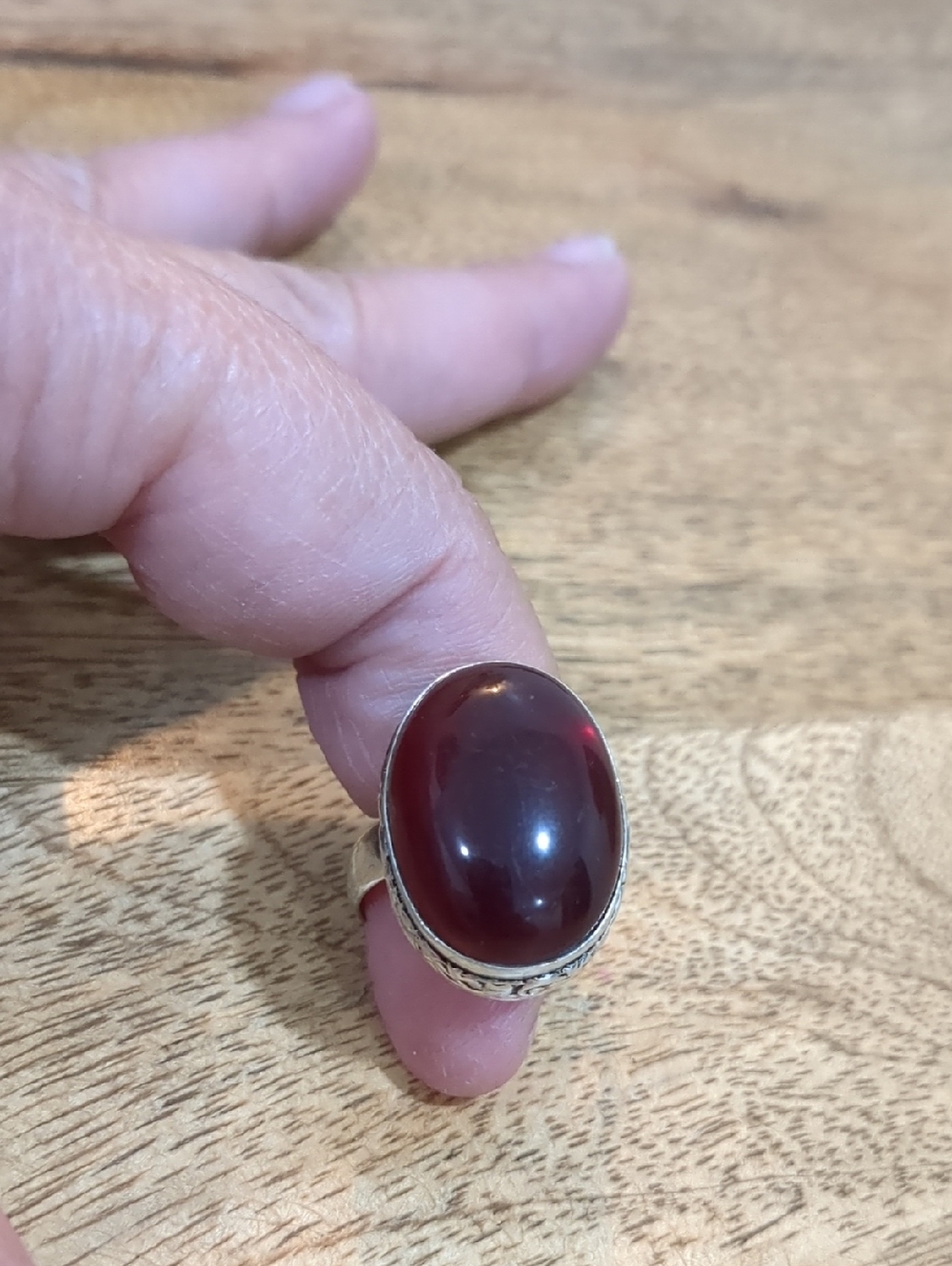 Sterling Silver Plated Deep Red Oval Cabochon Ring